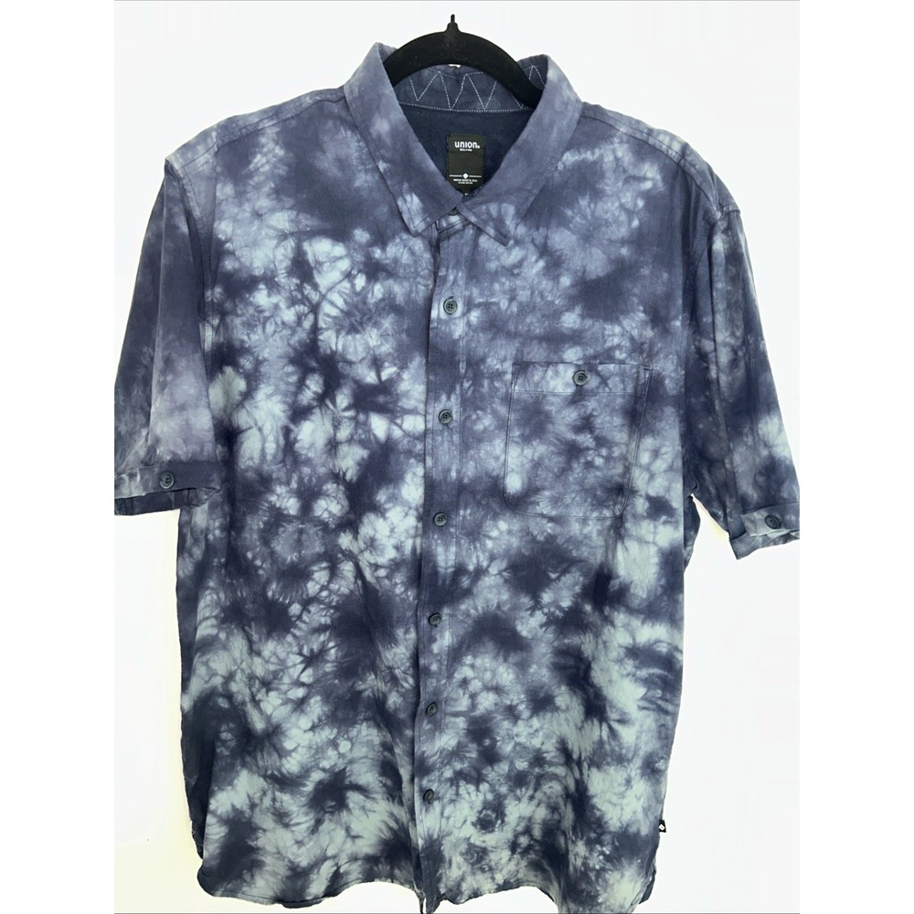 Union Sea/wa Men's XL Short Sleeve Tie-Dye Indigo Print Button-Down Casual Shirt